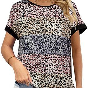 Summer T-Shirt Leopard Printed Casual Tops Crew Neck Loose Short Sleeve Tees